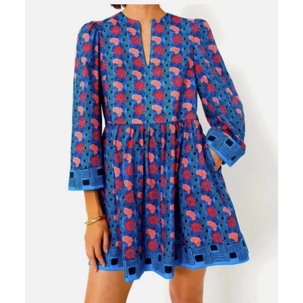 Tuckernuck Izzie Mini Split Neck Dress Women's Large Blue Pink Floral Retro Mod